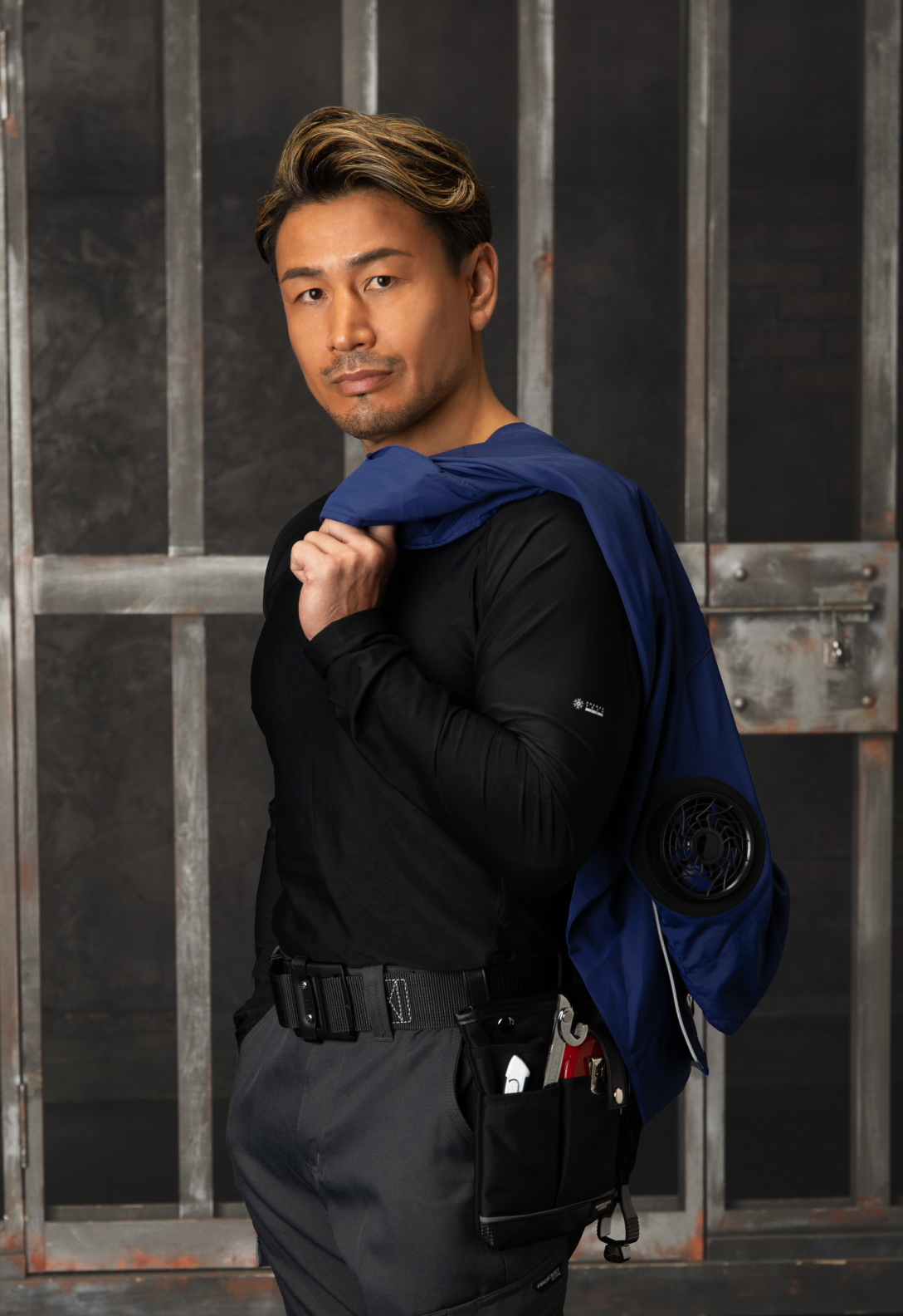 WORK LINE ベンチレーション長袖クルーネック(BLACK)