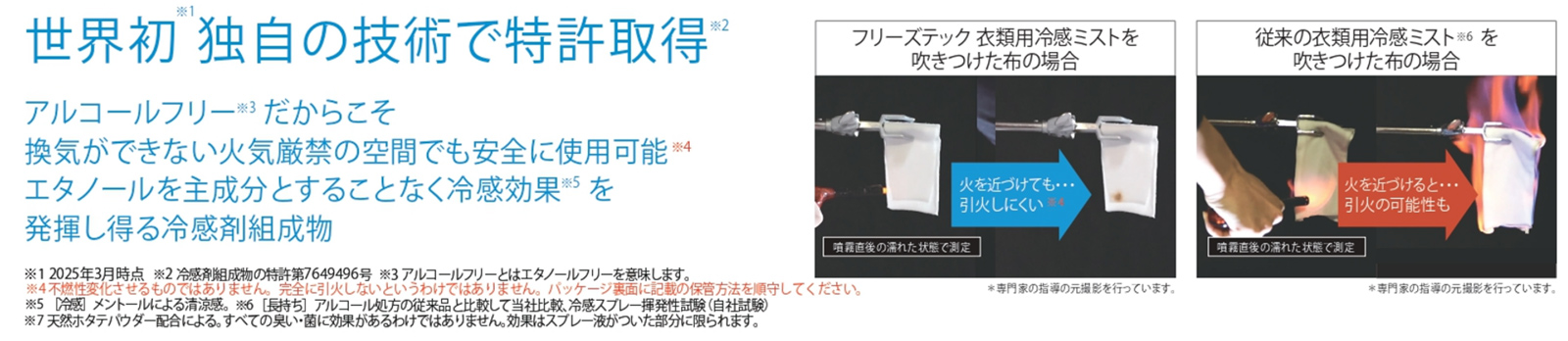 世界初※1 独自の技術で特許取得※2 アルコールフリー※3だからこそ 換気ができない火気厳禁の空間でも安全に使用可能※4 エタノールを主成分とすることなく冷感効果※5を発揮し得る冷感剤組成物 ※1:2025年3月時点　※2:冷感剤組成物の特許第7649496号 ※3:アルコールフリーとはエタノールフリーを意味します。 ※4:不燃性変化させるものではありません。完全に引火しないというわけではありません。パッケージ裏面に記載の保管方法を順守してください。 ※5:[冷型]メントールによる清涼感。 ※6:［長持ち］アルコール処方の従来品と比較して当社比較、冷感スプレー揮発性計験（自社試験） ※7:天然ホタテパウダー配合による。すべての臭い・菌に効果があるわけではありません。効果はスプレー液がついた部分に限られます。